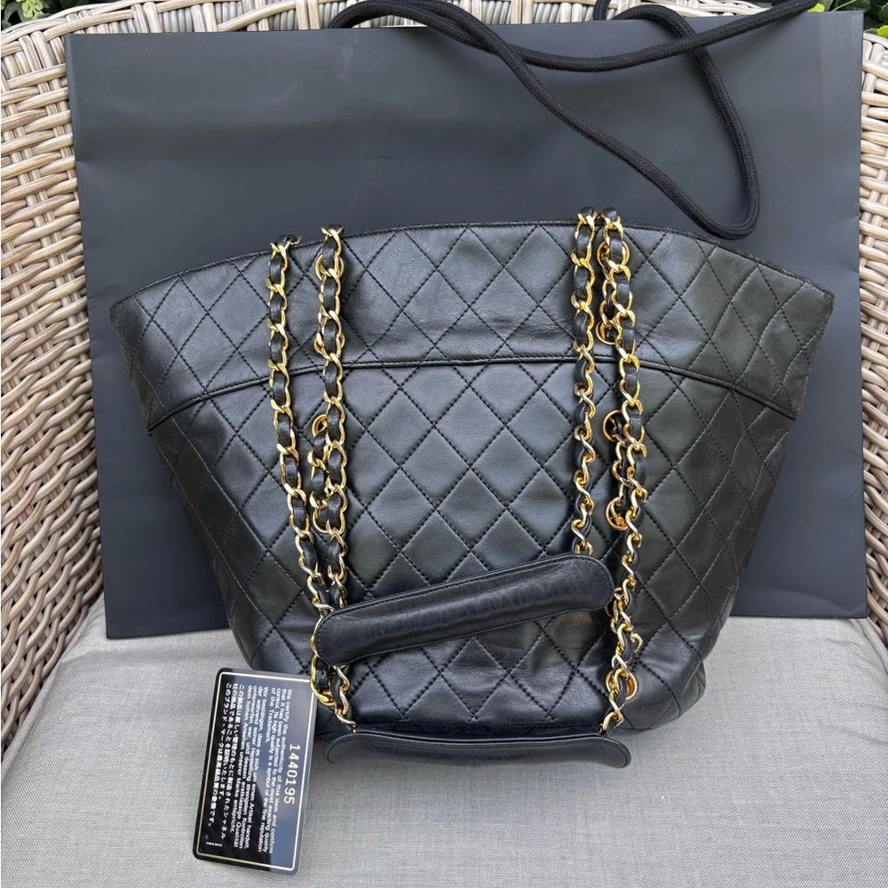 Authentic CHANEL RARE black lambskin quilted double pocket CC chain bucket bag